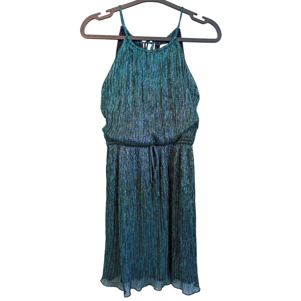 Sweet Storm Shiny Metallic Green Pleated Halter Dress Small